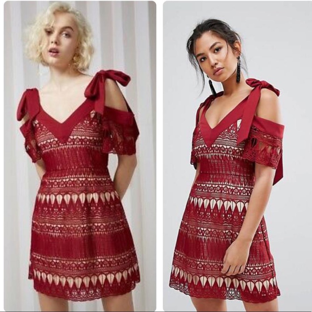 Keepsake the Label Lace red cold shoulder dress